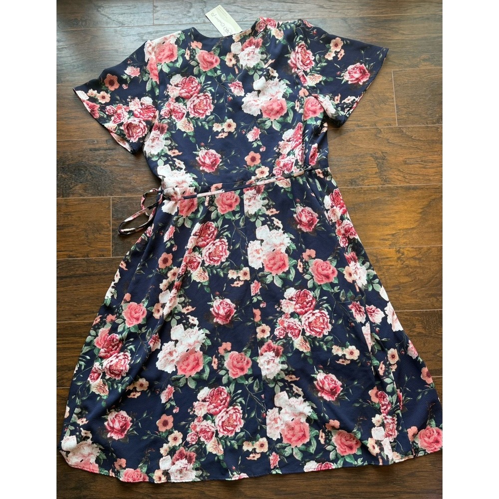 Cato Contour Fit Floral Wrap Dress Women Plus Size 18 NWT Navy Pink Midi Cottage - Picture 4 of 7